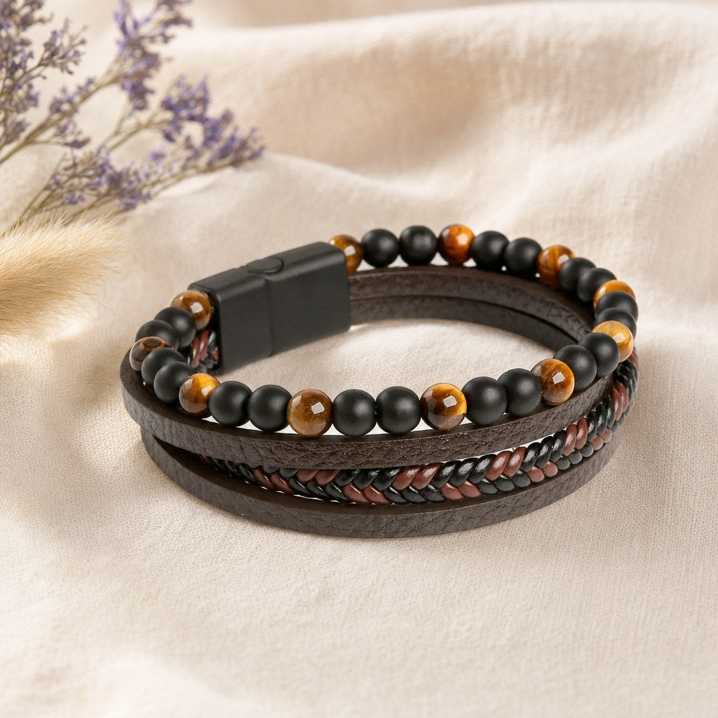 Bracelet Homme Cuir Multirangs et Perles d'Œil de Tigre