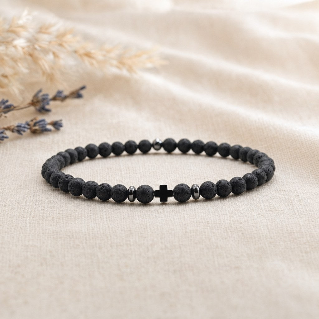 Bracelet Homme Fin Perles 4 mm et Croix