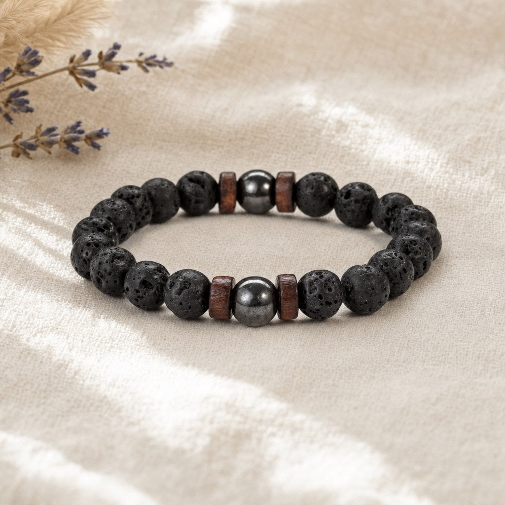 Bracelet Homme Pierre de Lave et Perles de Bois 8 mm