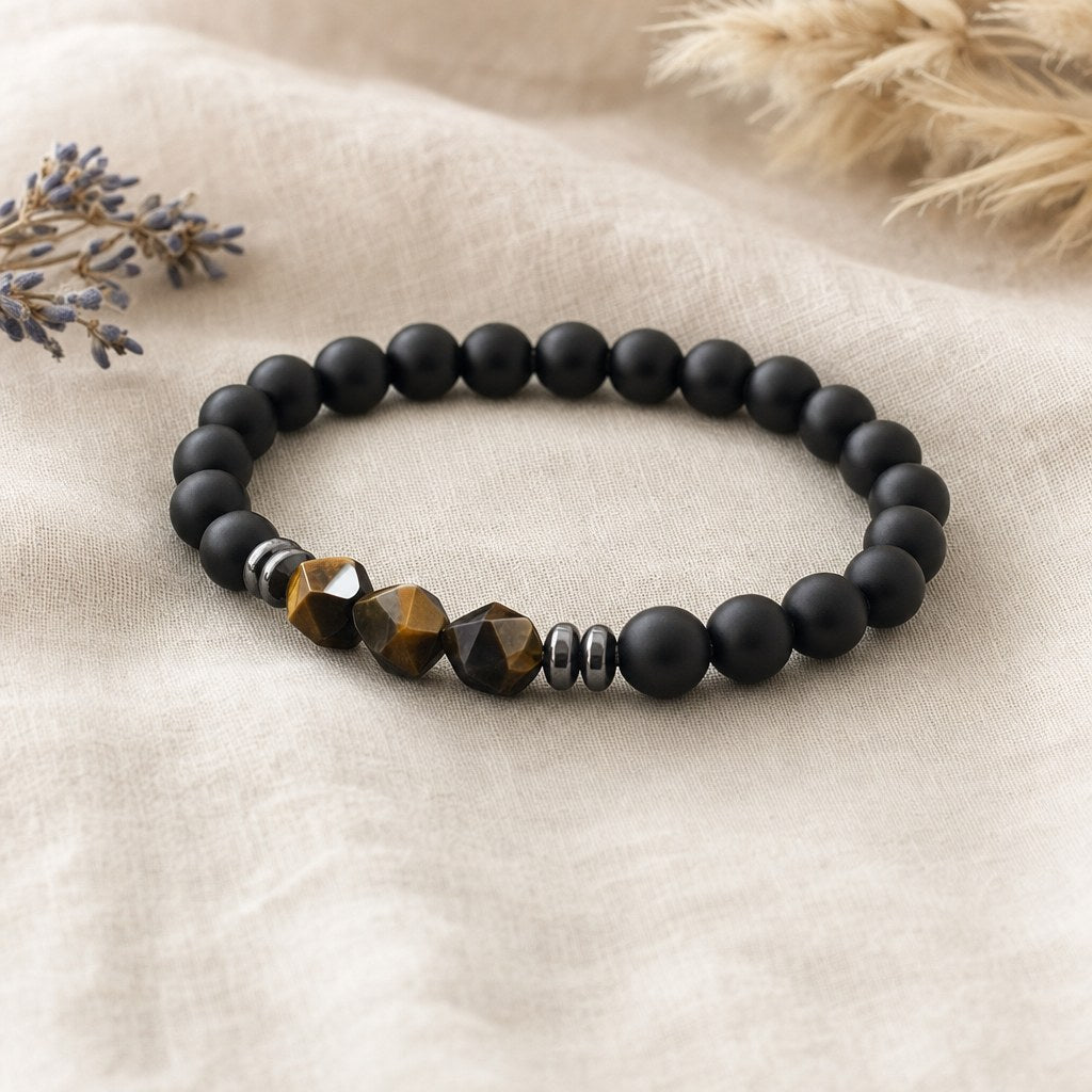 Bracelet Homme Onyx Noir et Pierres Irrégulières