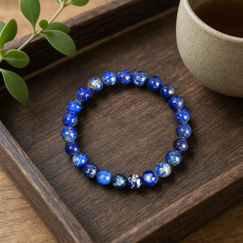 Bracelet lapis-lazuli posé sur un plateau en bois