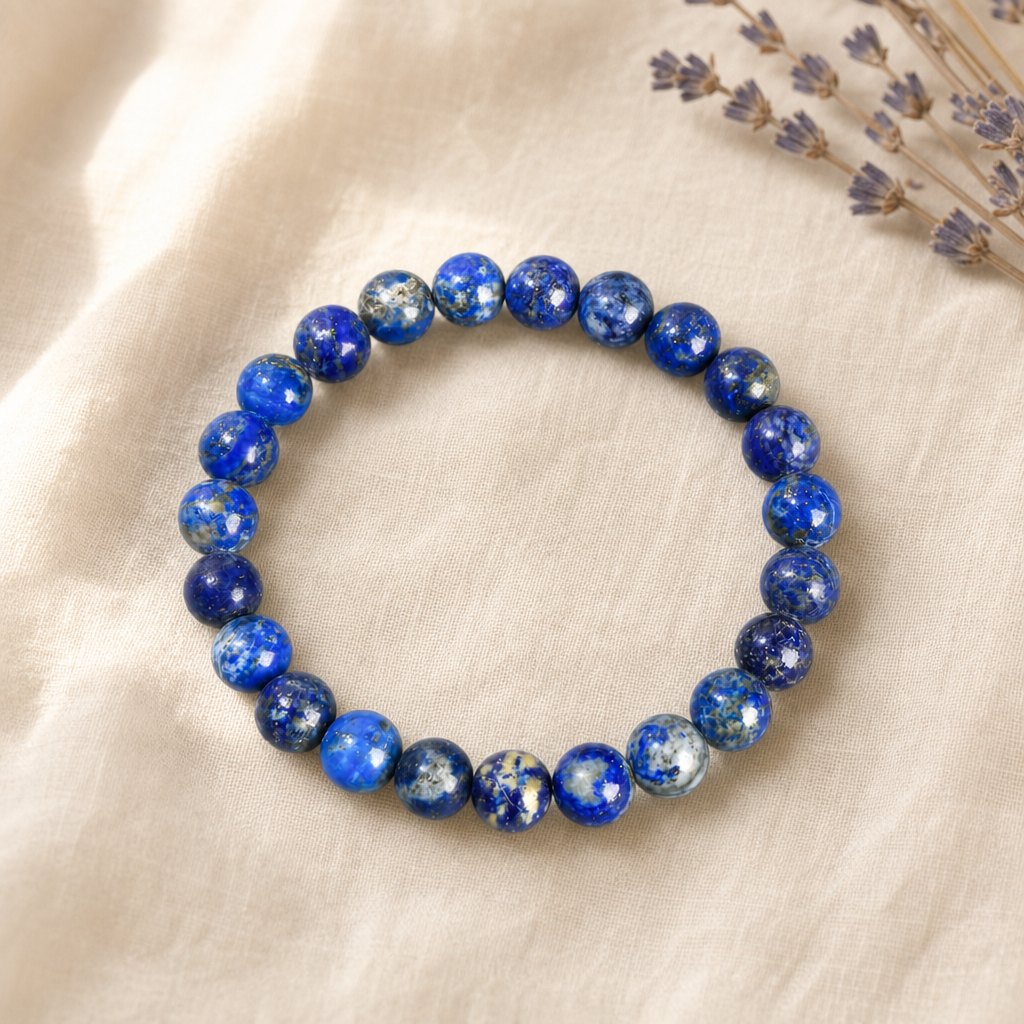 Bracelet en lapis-lazuli naturel posé sur un lin crème