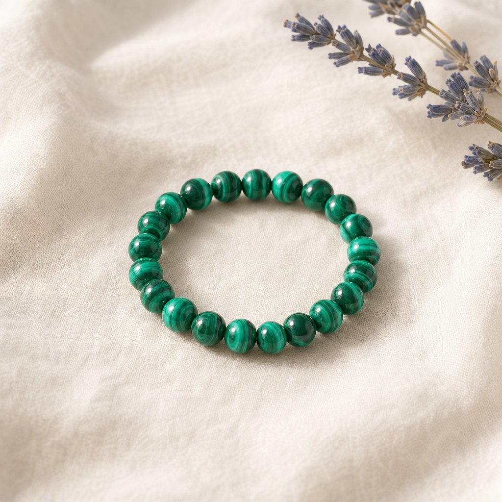 Bracelet en malachite naturelle posé sur un lin crème