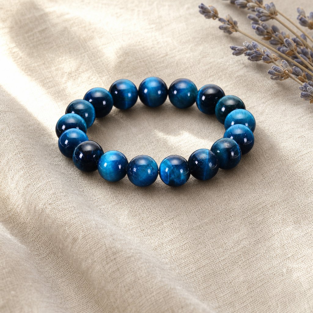 Bracelet en œil de faucon posé sur un lin crème
