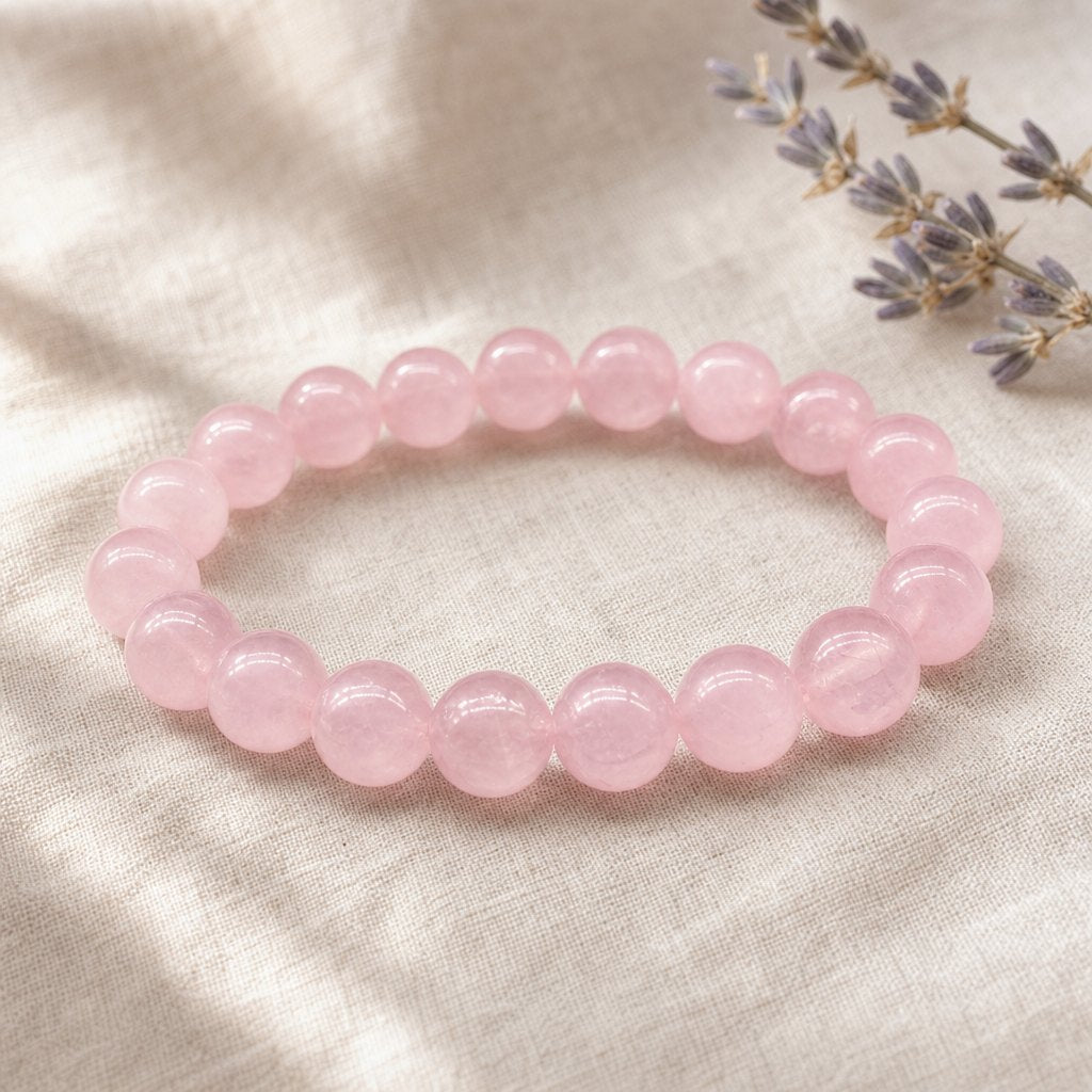 Bracelet en quartz rose naturel posé sur un lin crème