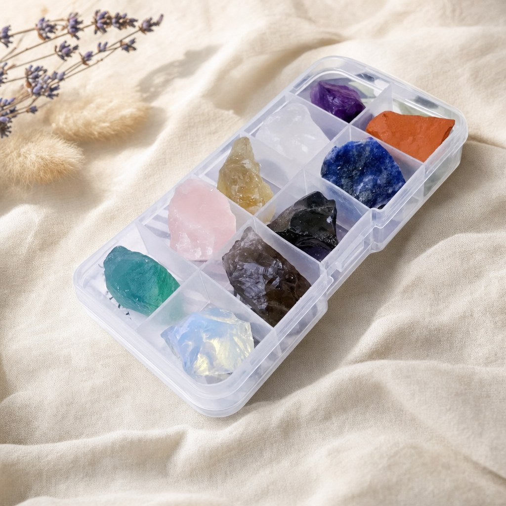 Coffret de 10 Pierres Brutes et Minéraux avec Boîte