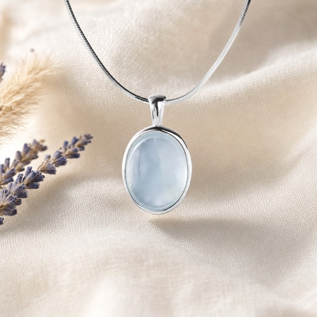 Collier Argent 925 Pendentif Aigue-Marine Ovale Femme