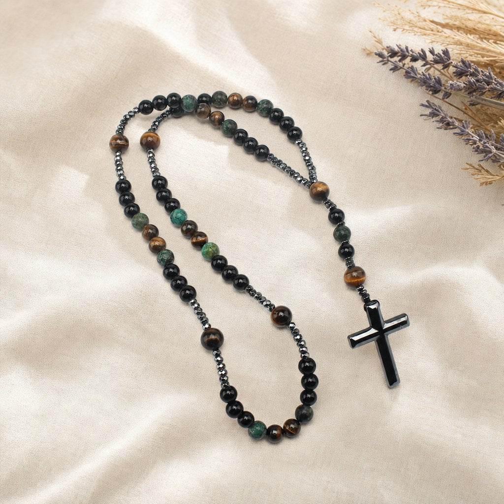 Collier Chapelet Croix en Hématite