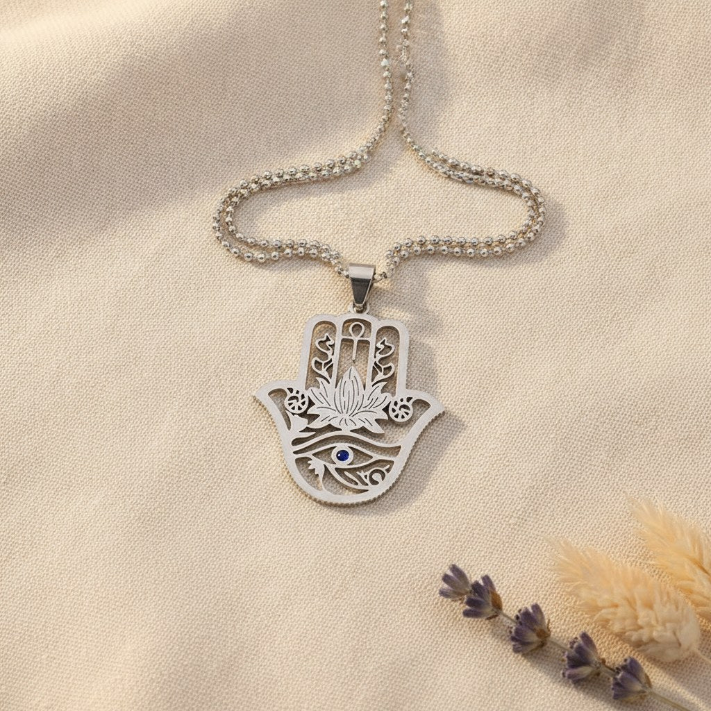 Collier Main de Fatma et Ankh en Acier Inoxydable Homme et Femme