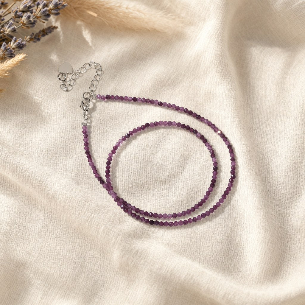 Collier Ras du Cou Ultra-Fin Perles Facettées 2 mm en Pierre Naturelle Femme