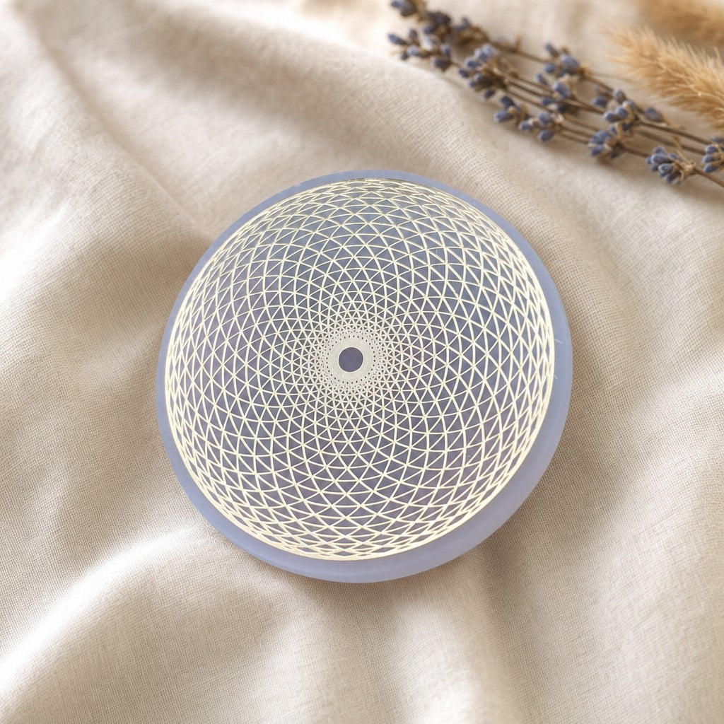 Disque de Sélénite Gravé Fleur de Vie 6 cm
