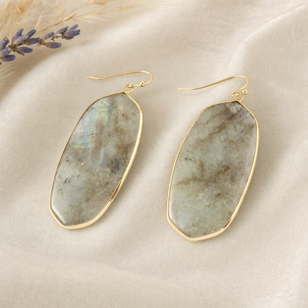 Grandes Boucles d'Oreilles Ovales Pendantes en Pierre Naturelle Femme