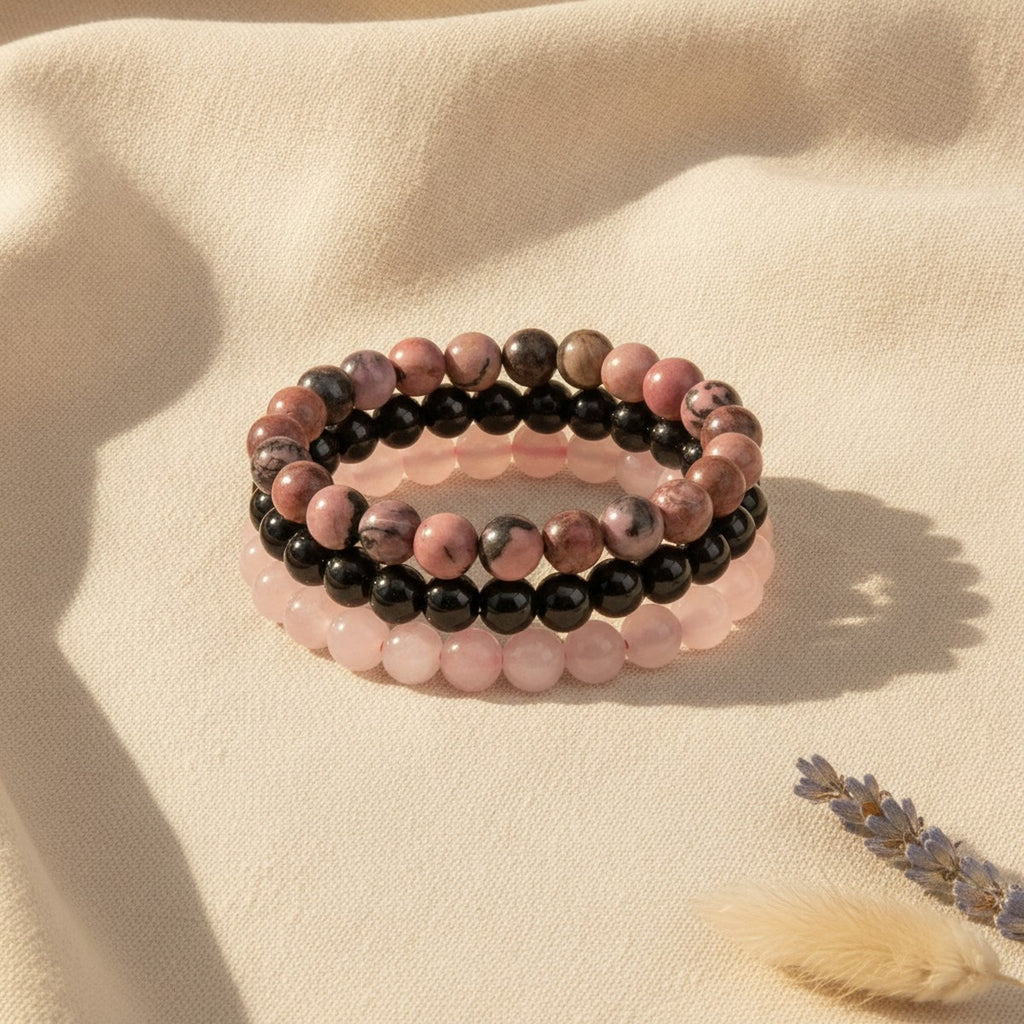 Lot de 3 Bracelets Rhodonite, Onyx Noir et Quartz Rose Femme