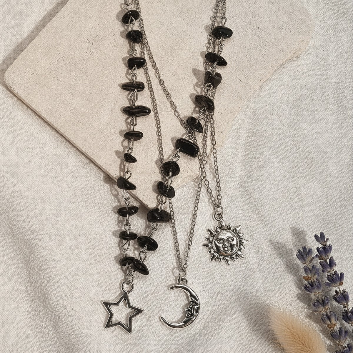 Lot de 3 Colliers Soleil, Lune et Étoile en Agate Noire Femme