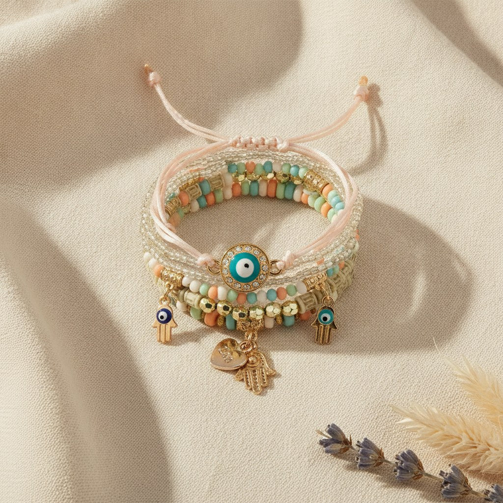 Lot de 6 Bracelets Bohème Œil Turc et Main de Fatma Femme