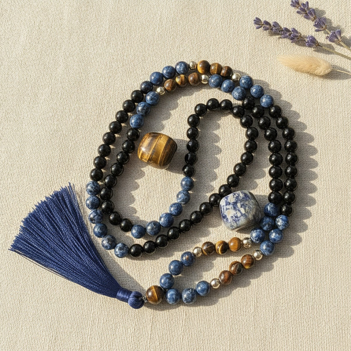 Mala 108 Perles Onyx Noir, Sodalite et Œil de Tigre