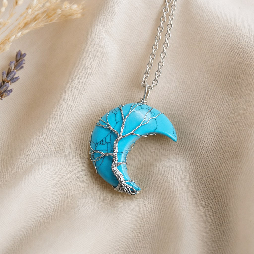 Pendentif Lune et Arbre de Vie en Pierre Naturelle