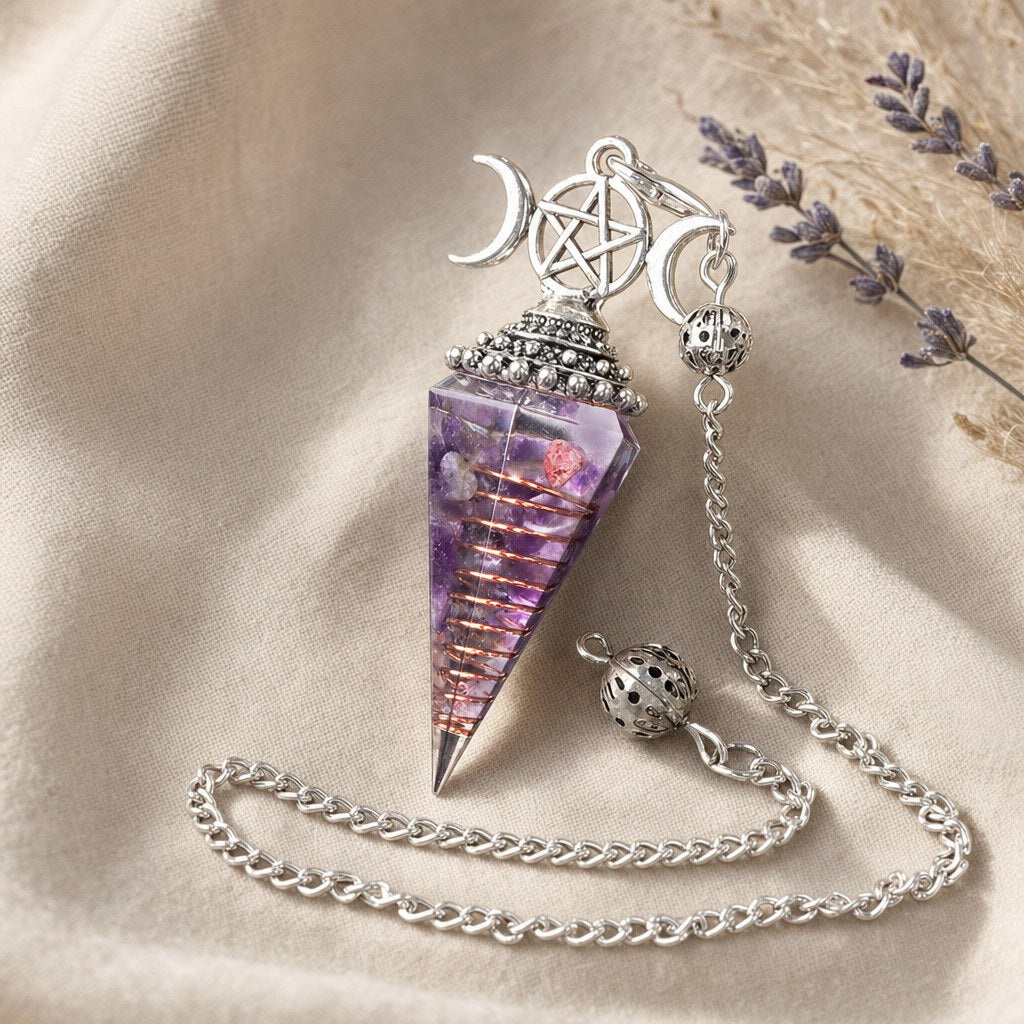 Pendule Divinatoire Triple Lune et Pentacle en Orgonite