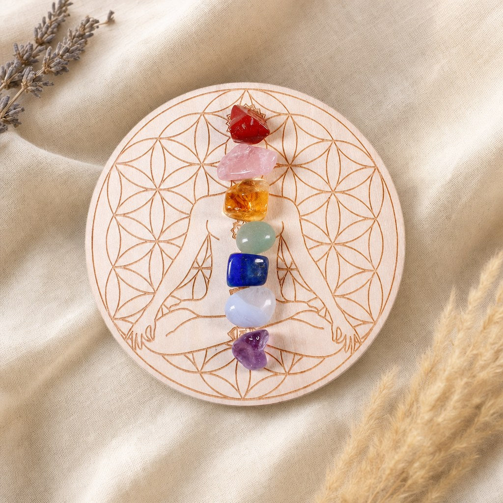 Plateau 7 Chakras en Bois Gravé avec 7 Pierres Naturelles