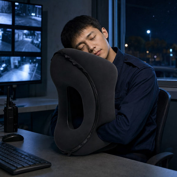 Pause sieste d'un agent de sécurité de nuit avec l'oreiller gonflable