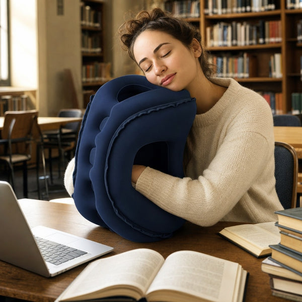 Sieste d'une étudiante en révisions avec l'oreiller gonflable