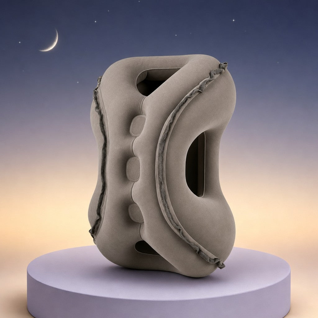 Oreiller de sieste gonflable gris sous un croissant de lune