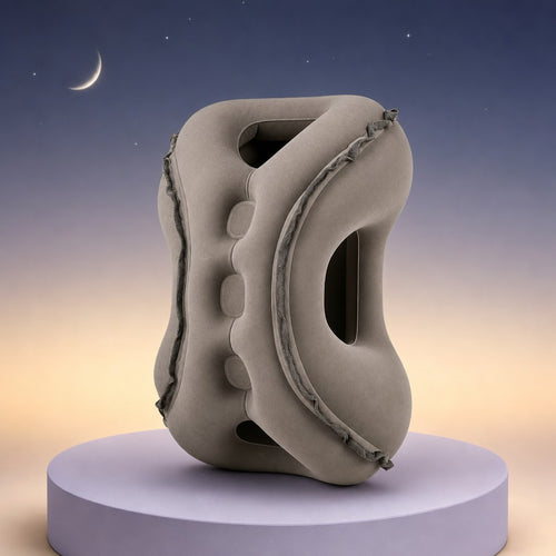 Oreiller de sieste gonflable gris sous un croissant de lune