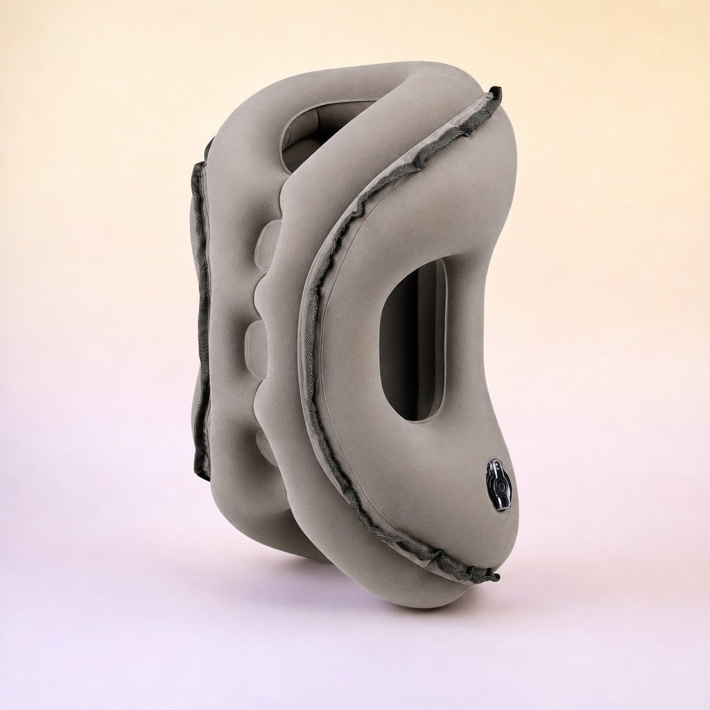 Oreiller de sieste gonflable vu de profil, tunnel pour les bras
