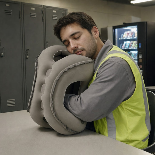 Pause sieste d'un ouvrier en 3x8 avec l'oreiller gonflable
